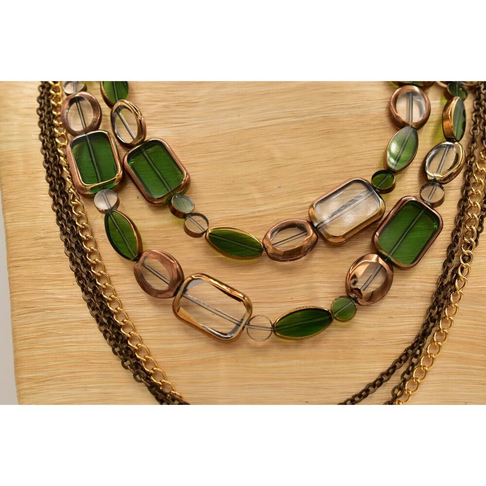 Sparkling Sage Vintage Glass Beaded Necklace Green Gold Multi-Layer Signed Bin7A